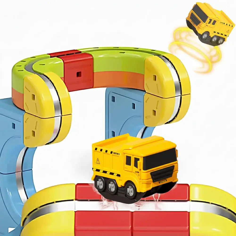A colorful magnetic mini train set featuring yellow, green, and red components.