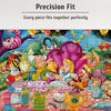 A jigsaw puzzle depicting a colorful Alice in Wonderland tea party scene with characters and teacups.