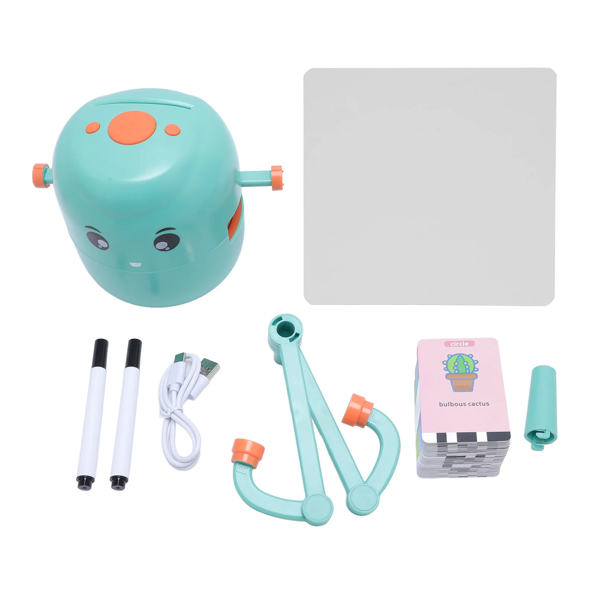 A teal smart drawing robot toy with orange accents and various components for interactive STEM learning.