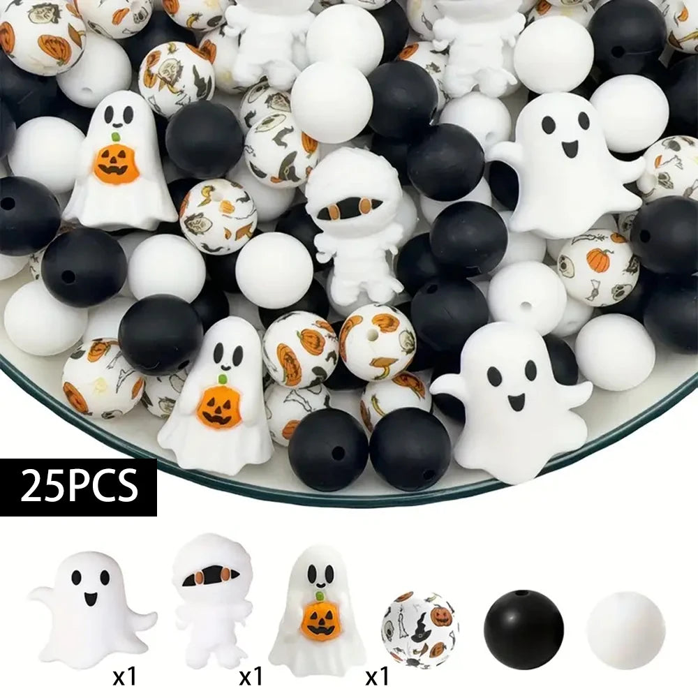 A collection of 25 silicone Halloween-themed beads, including ghost and pumpkin shapes, for jewelry and crafting.