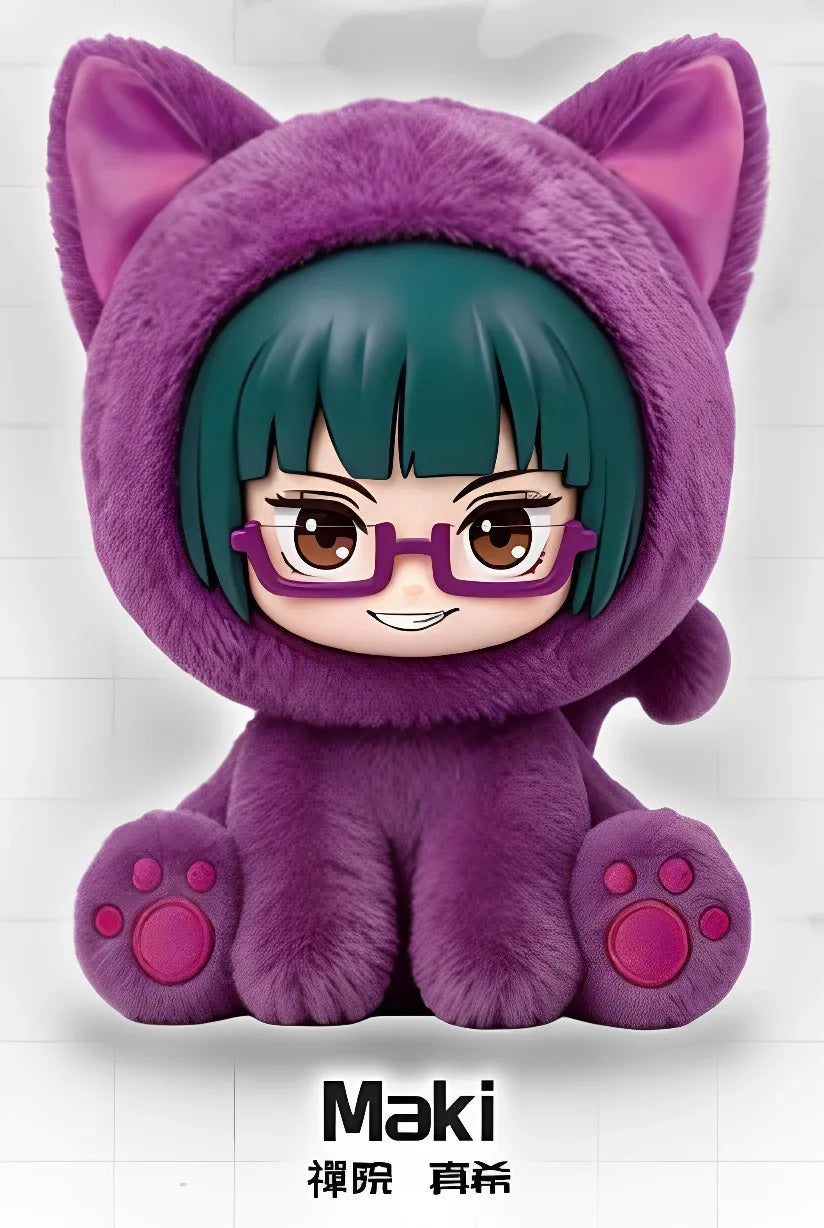 A purple cat-eared plush pendant featuring an anime character with teal hair and purple glasses.