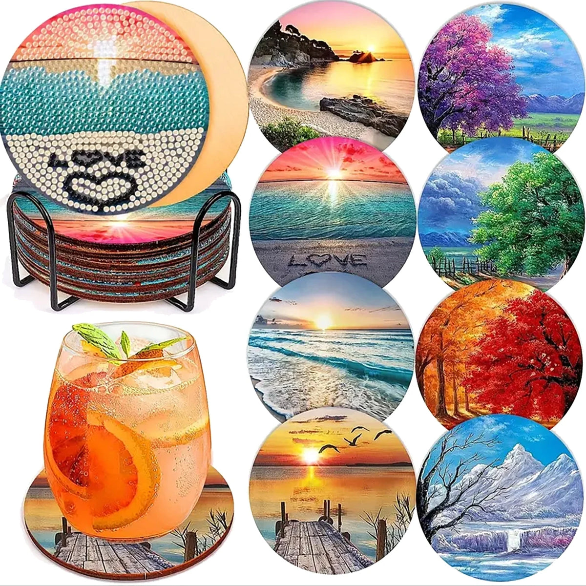 Sparkling Rhinestone Diamond Painting Coaster Set with Holder