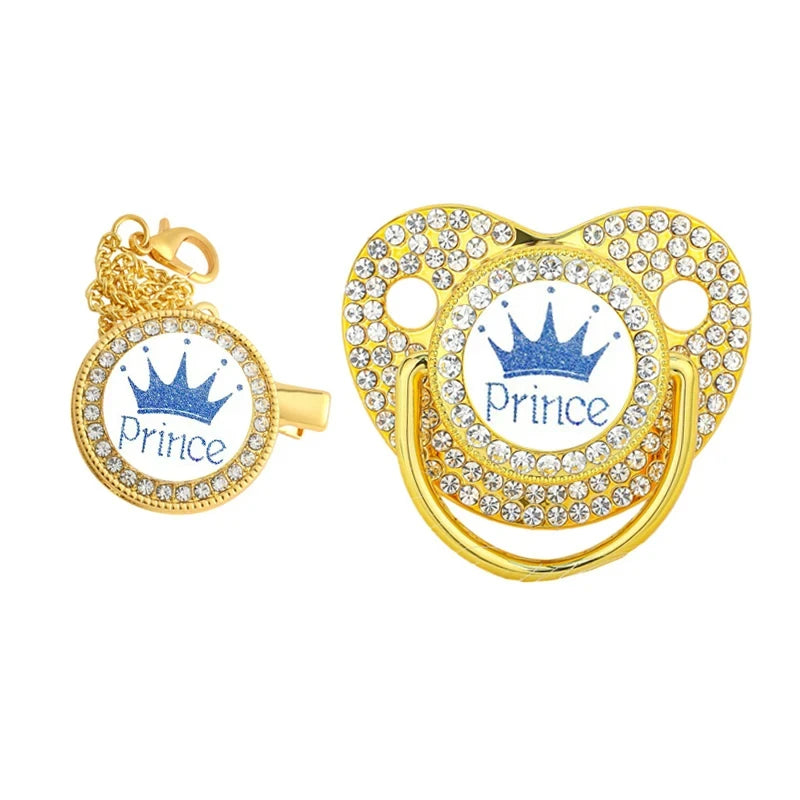 Crystal Crown Pacifier Clip Set with Silicone Nipple