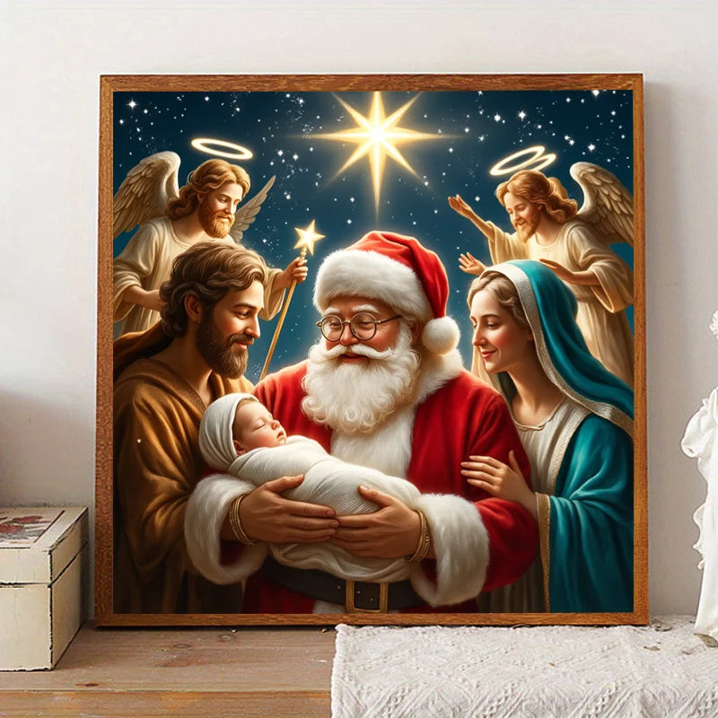 A painting depicting Santa Claus with a baby surrounded by angels and a bright star.