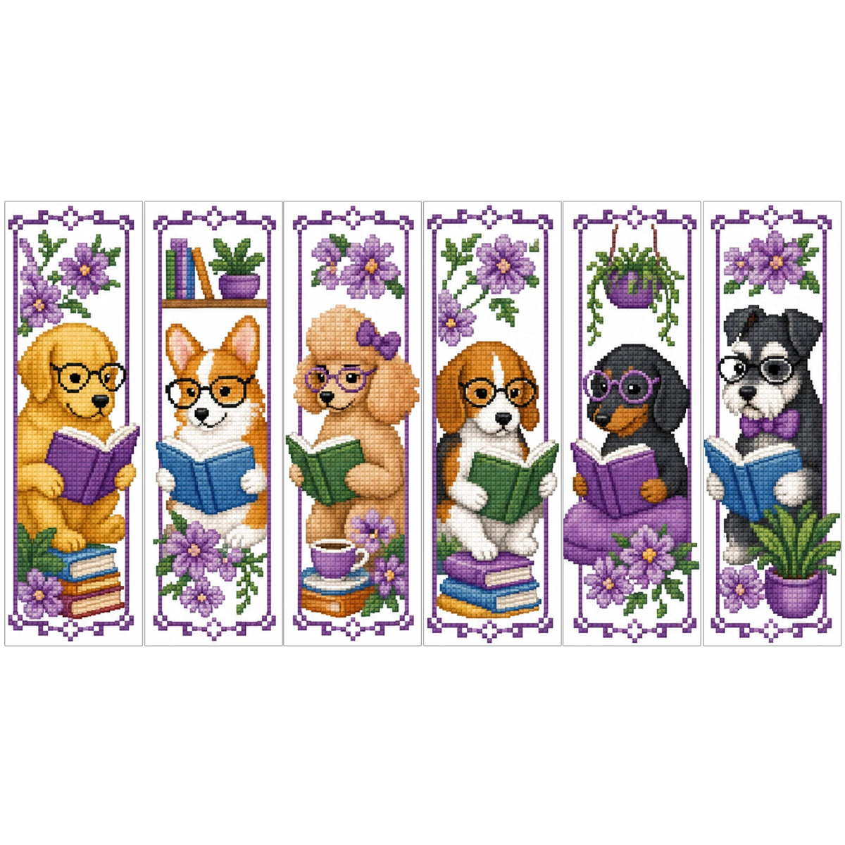 A set of six cross-stitch bookmarks featuring various animals and flowers.