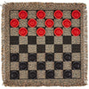 A square game rug featuring a black and white checkered pattern with red and black pieces for checkers and tic tac toe games.