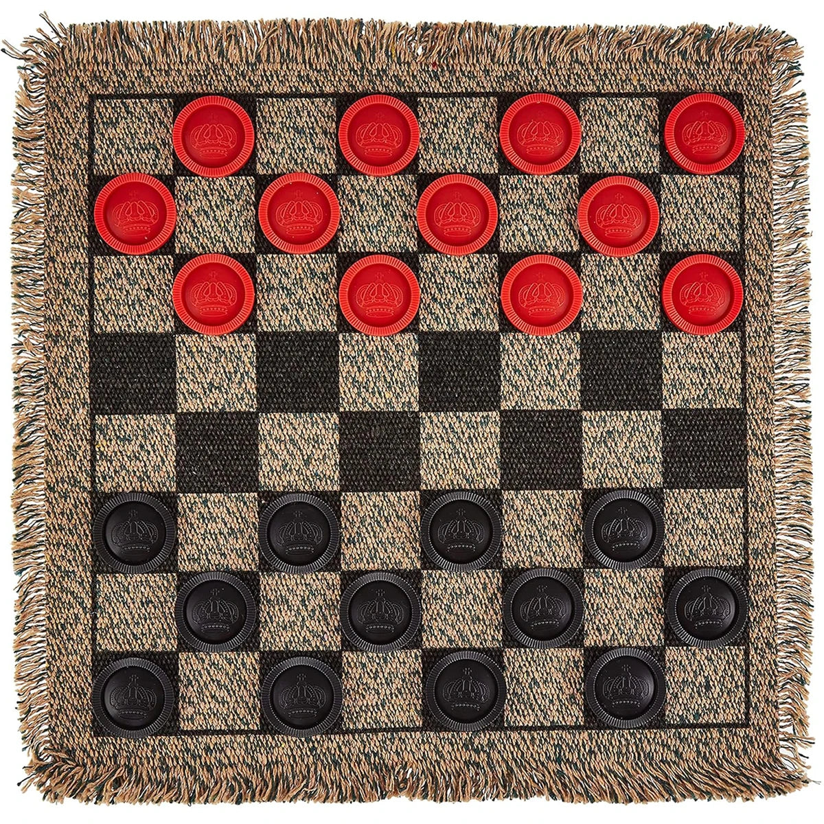 A square game rug featuring a black and white checkered pattern with red and black pieces for checkers and tic tac toe games.