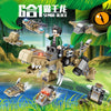 A set of building blocks depicting a police helicopter and a SWAT carrier vehicle in an outdoor jungle setting.