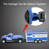 A blue 1:64 die-cast metal container trailer truck set demonstrating how the carriage can be spliced together.