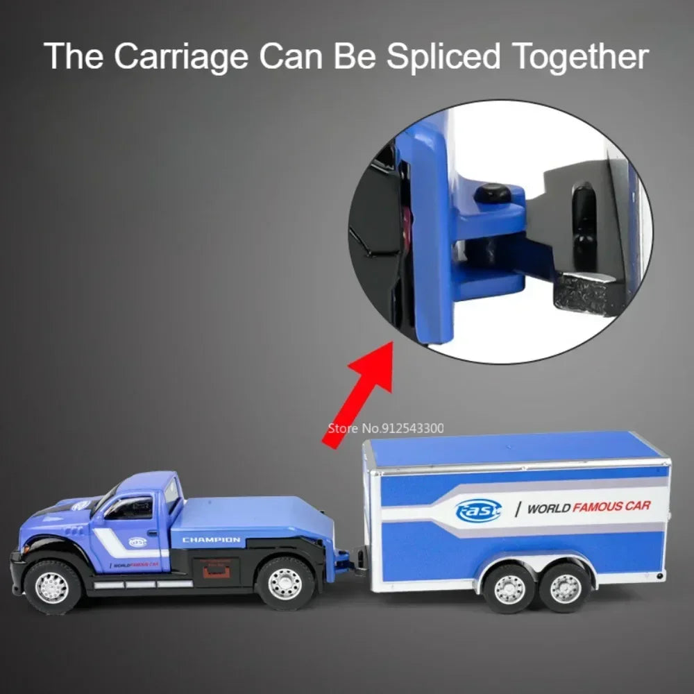 A blue 1:64 die-cast metal container trailer truck set demonstrating how the carriage can be spliced together.
