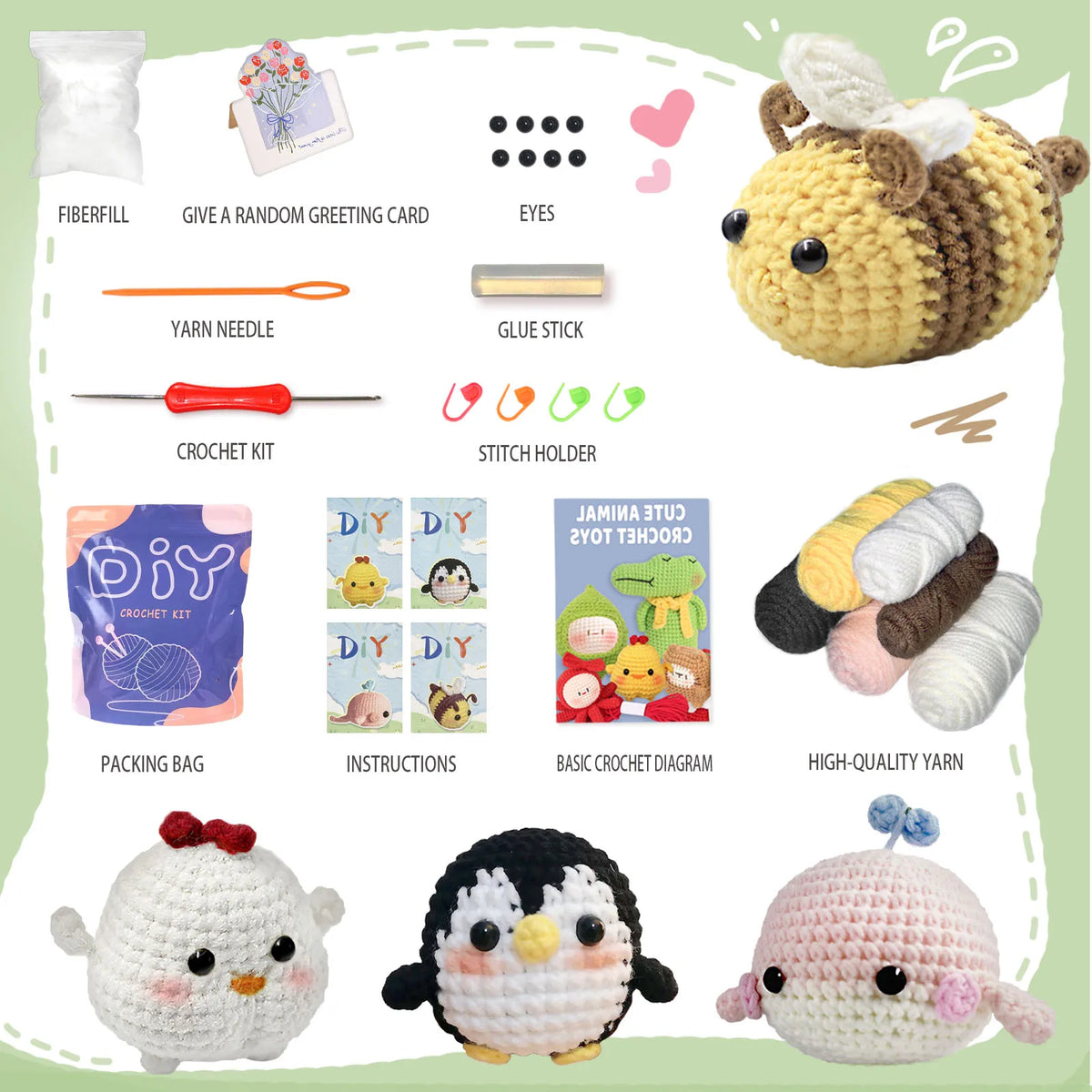 Beginner Crochet Kit – 4 Adorable Animal Projects (Whale, Chick, Penguin, Bee)