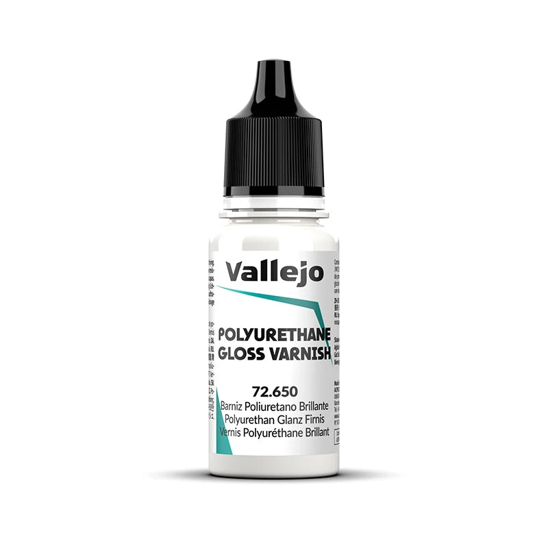 A glass bottle of Vallejo Polyurethane Gloss Varnish with a black dropper cap.