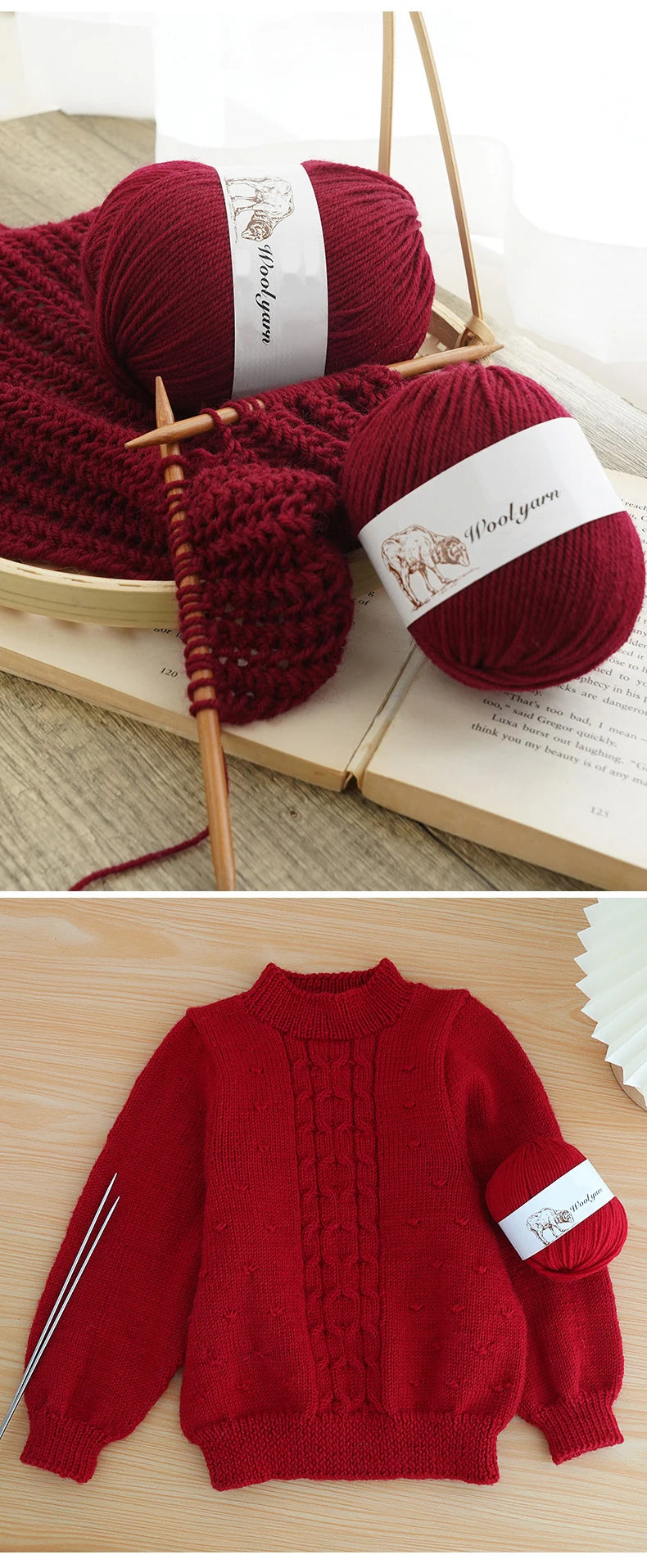 A red knitted sweater and yarn balls are displayed on a wooden surface.