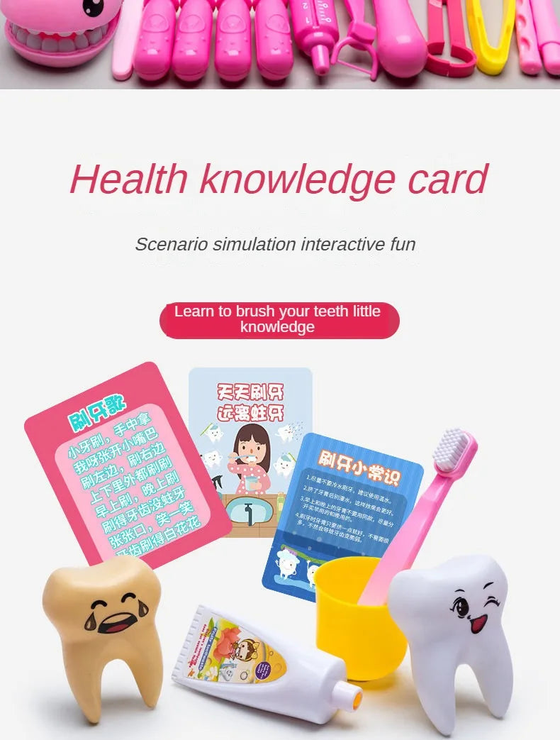 A pink plastic toothbrush and a white plastic tooth, part of a health knowledge card simulation kit.