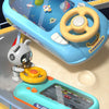 A blue and yellow kids interactive steering wheel driving toy is shown in a cockpit view on a track.