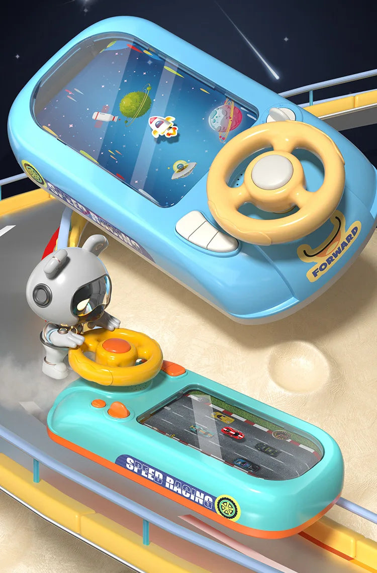 A blue and yellow kids interactive steering wheel driving toy is shown in a cockpit view on a track.