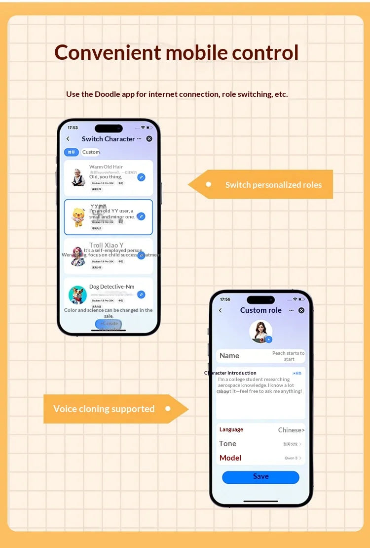 A mobile app interface showing options for switching characters and voice cloning features.