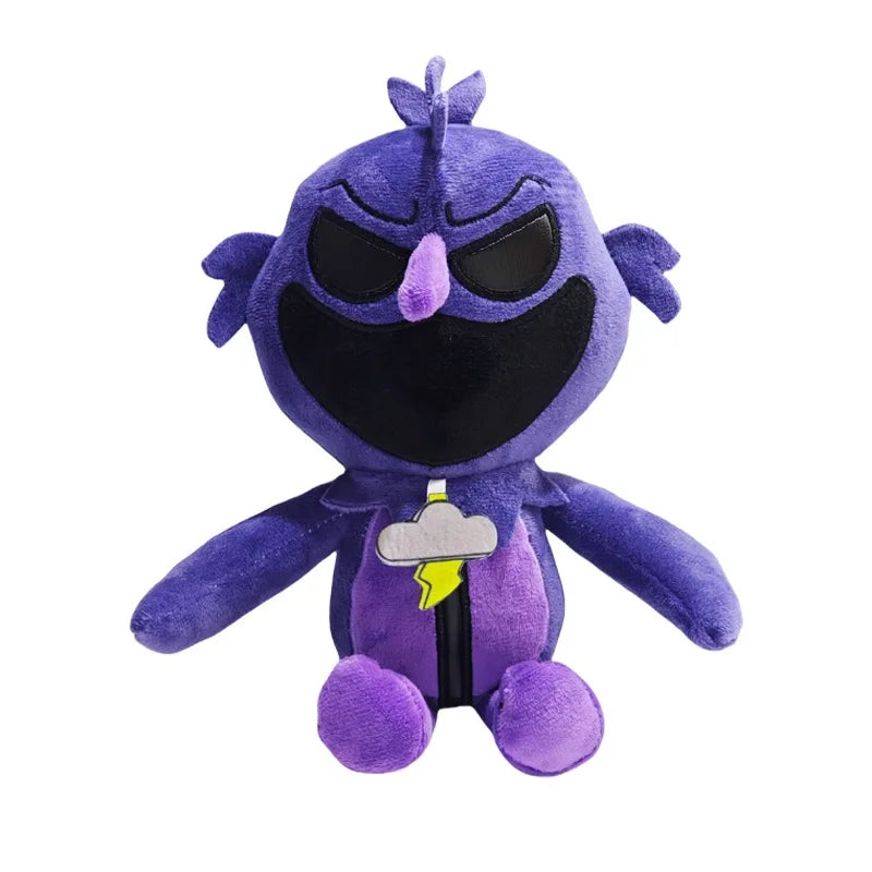 A purple Nightmare Critters plush toy with large black eyes and yellow lightning bolt details.