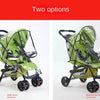 Two options of a green universal stroller rain cover, shown with and without front windows.