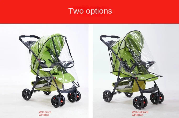 Two options of a green universal stroller rain cover, shown with and without front windows.