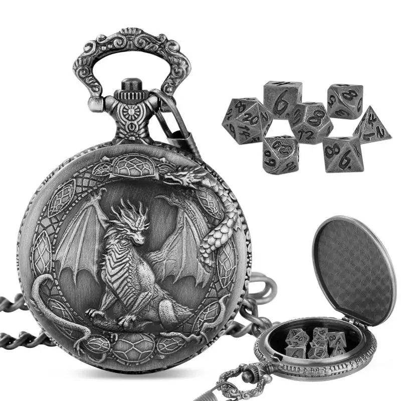 Metal Polyhedral Dice Set with Pocket Watch Case