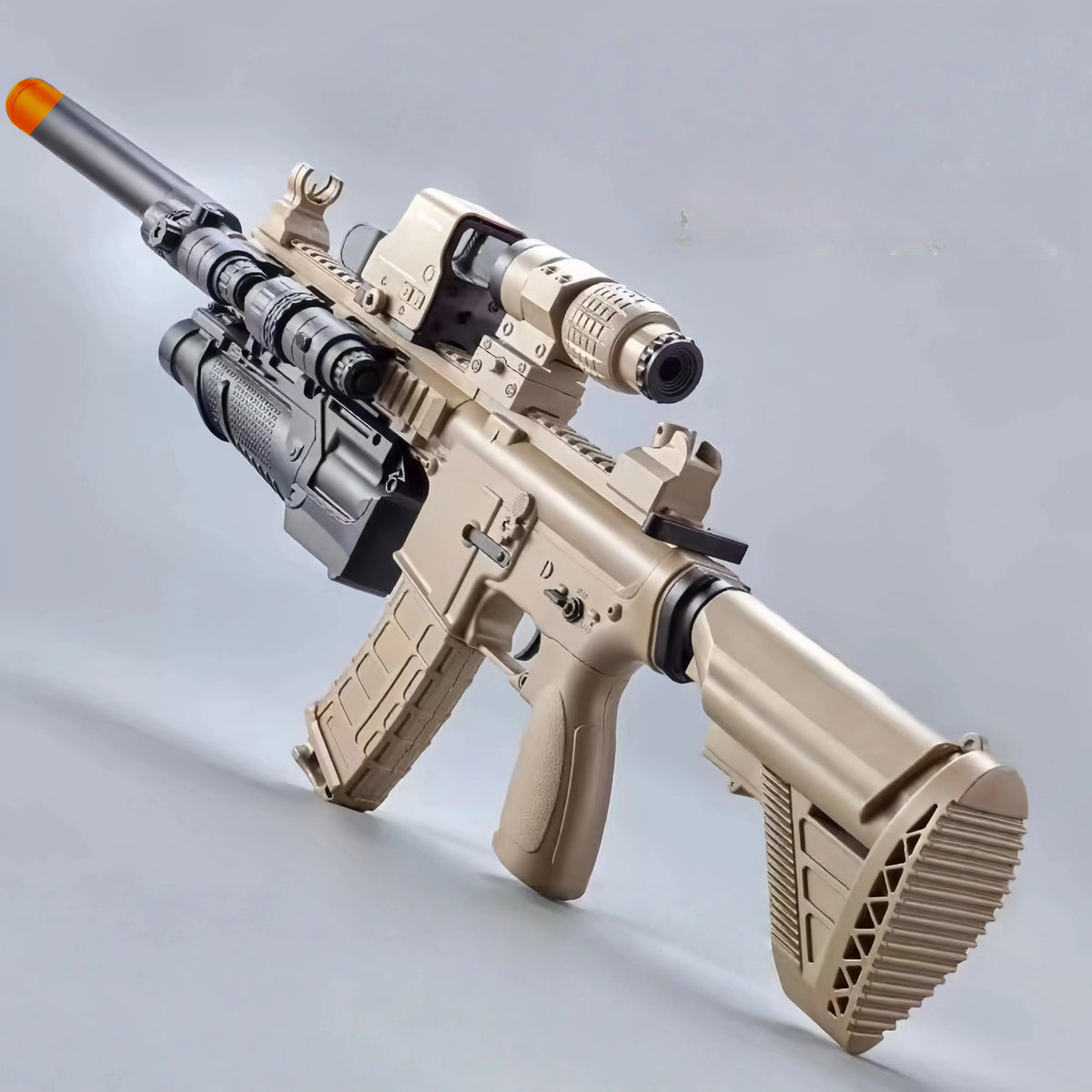 A close-up view of an electric gel blaster gun with a rechargeable battery, shown in a light tan color.