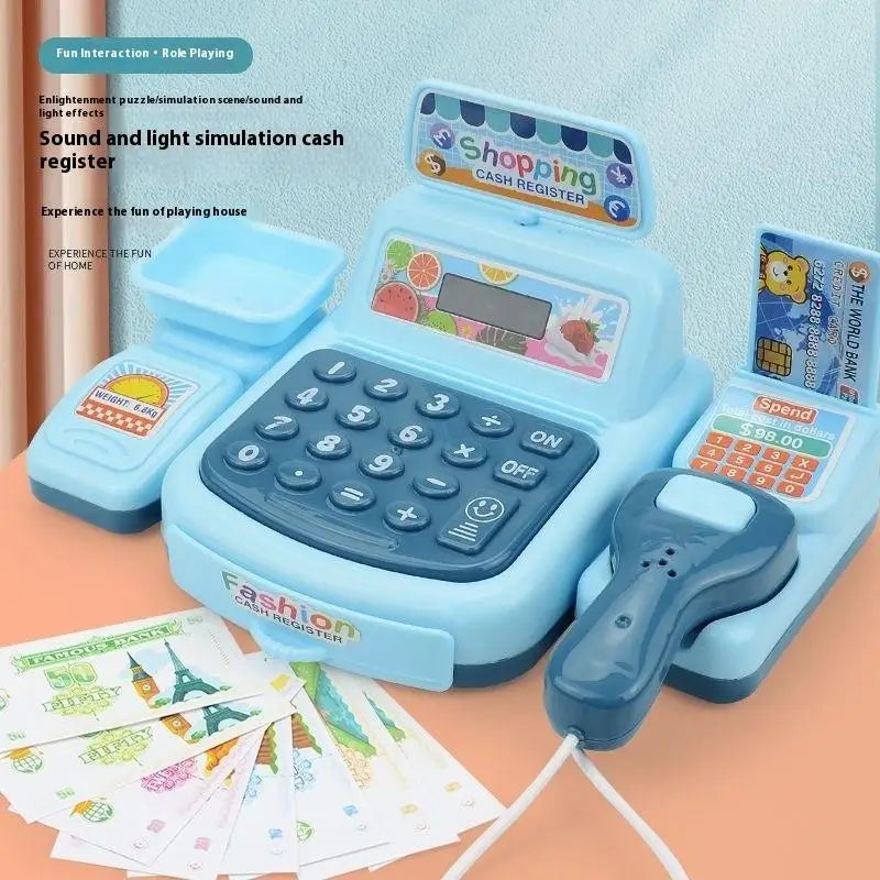 A blue interactive cash register toy with lights and sounds is shown next to cash and credit cards.