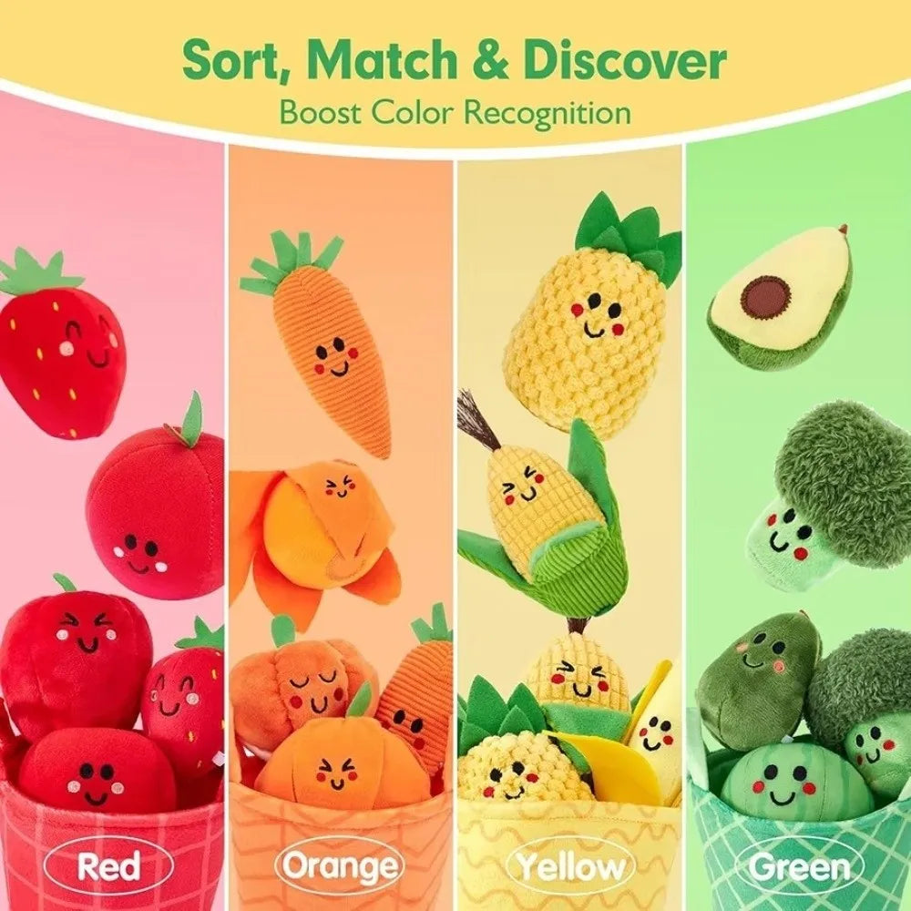 A sorting set featuring red, orange, yellow, and green crinkle textured fruits and vegetables for color recognition.