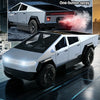A white high-speed off-road RC cyber truck is shown with a rear exhaust spray effect.