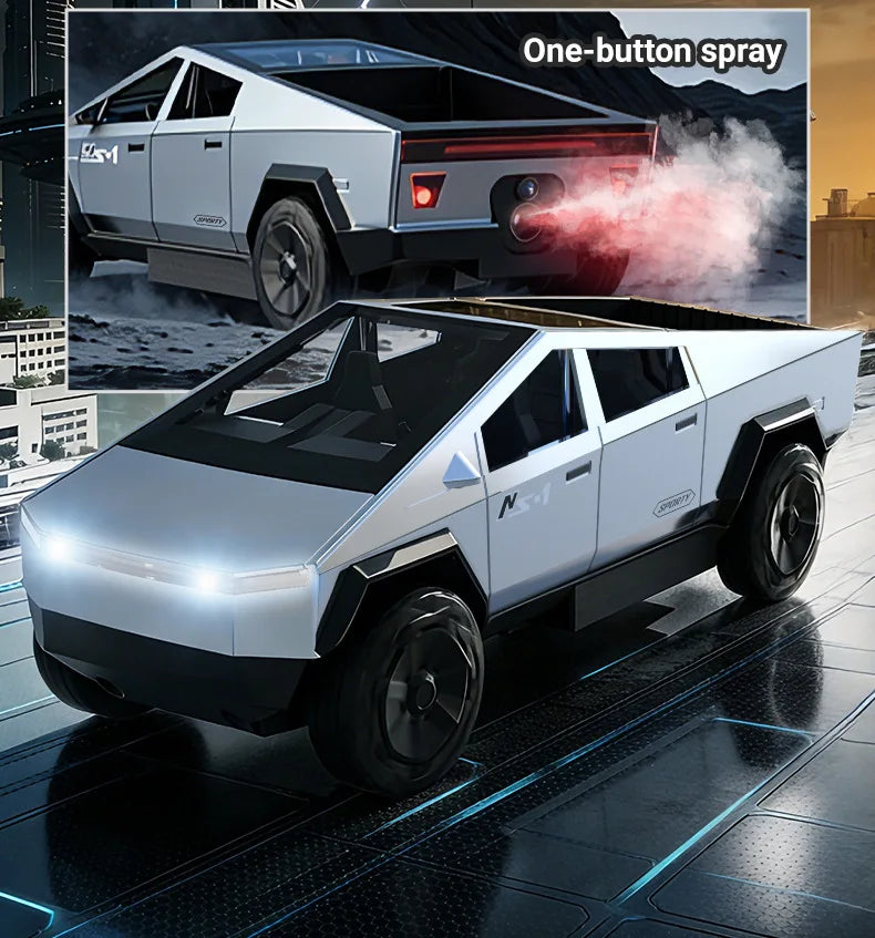 A white high-speed off-road RC cyber truck is shown with a rear exhaust spray effect.