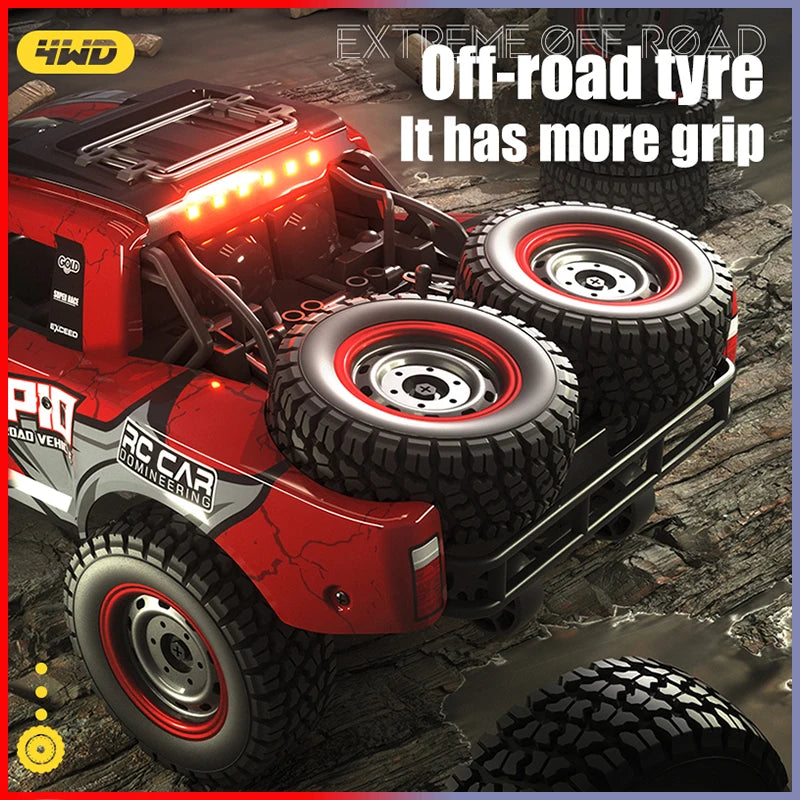A red off-road tire is shown mounted on a high-speed 4WD brushless RC monster truck.