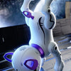 A white interactive smart robot dog with purple accents is shown in a close-up, resting on a dark surface.