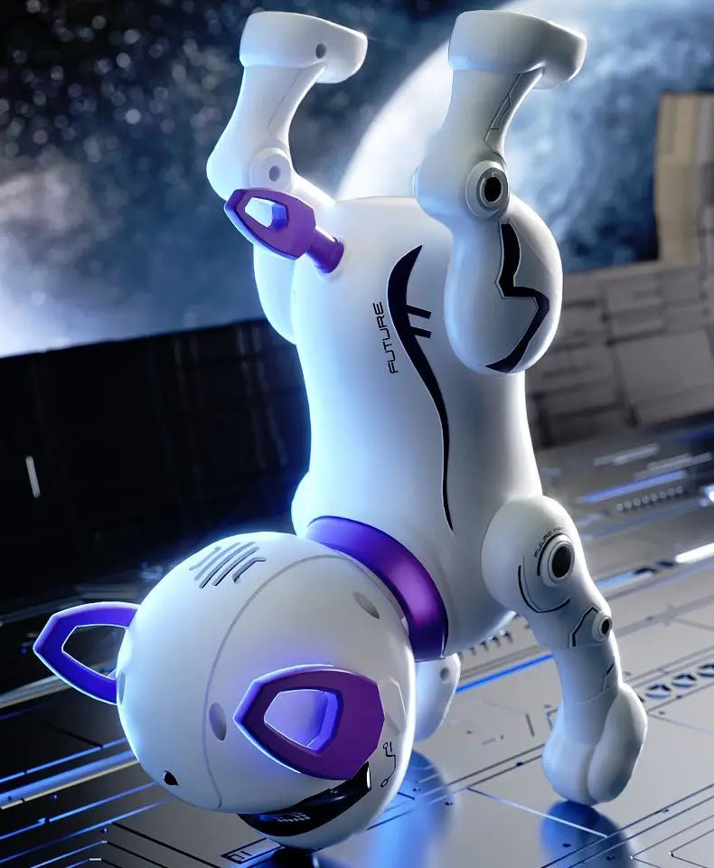 A white interactive smart robot dog with purple accents is shown in a close-up, resting on a dark surface.