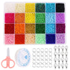 A storage tray filled with 24 colors of glass seed beads and a pair of pliers for jewelry making