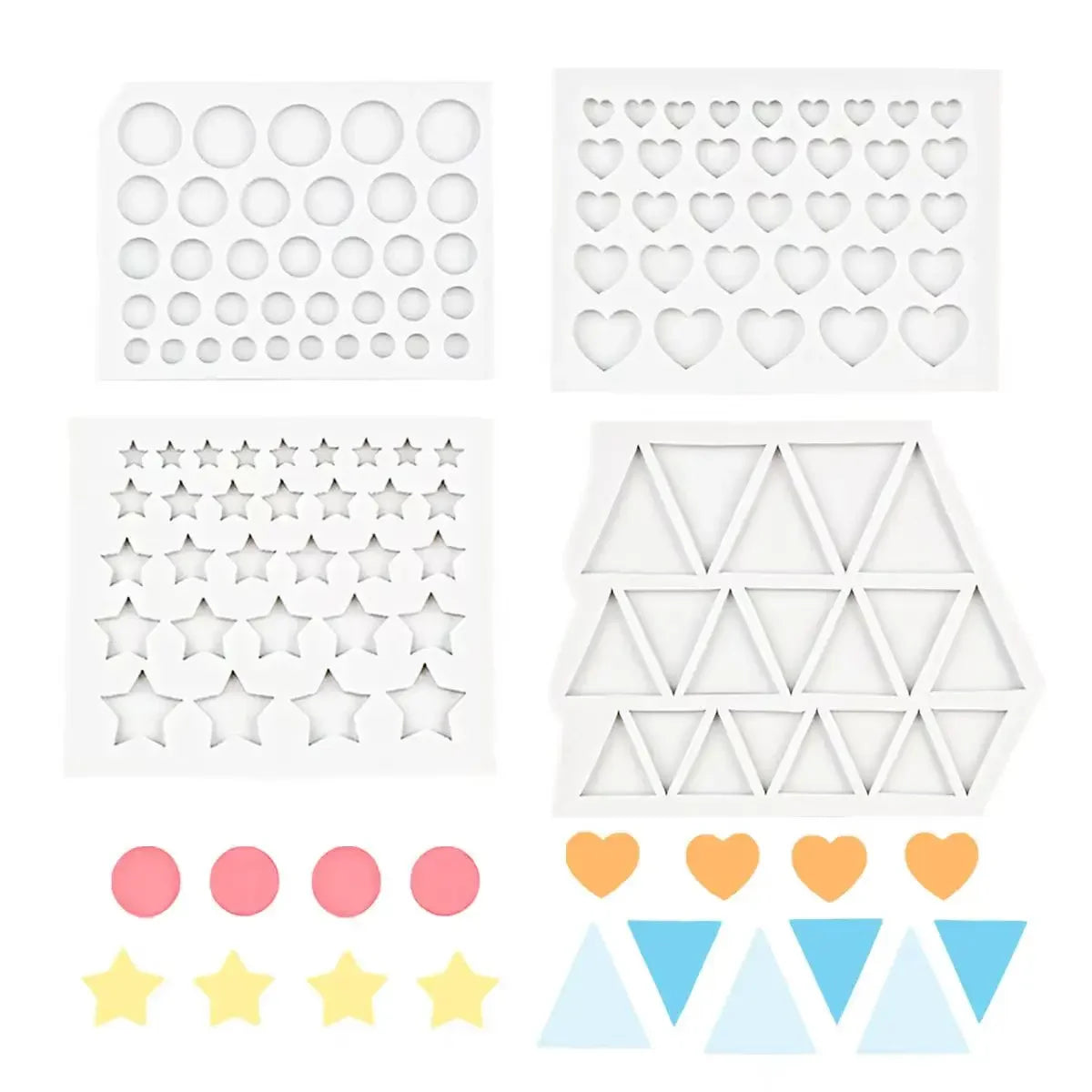 A set of silicone molds featuring various shapes including hearts stars triangles and circles for baking and crafts