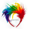A vibrant rainbow feather headband featuring bright blue, green, yellow, and red plumes.