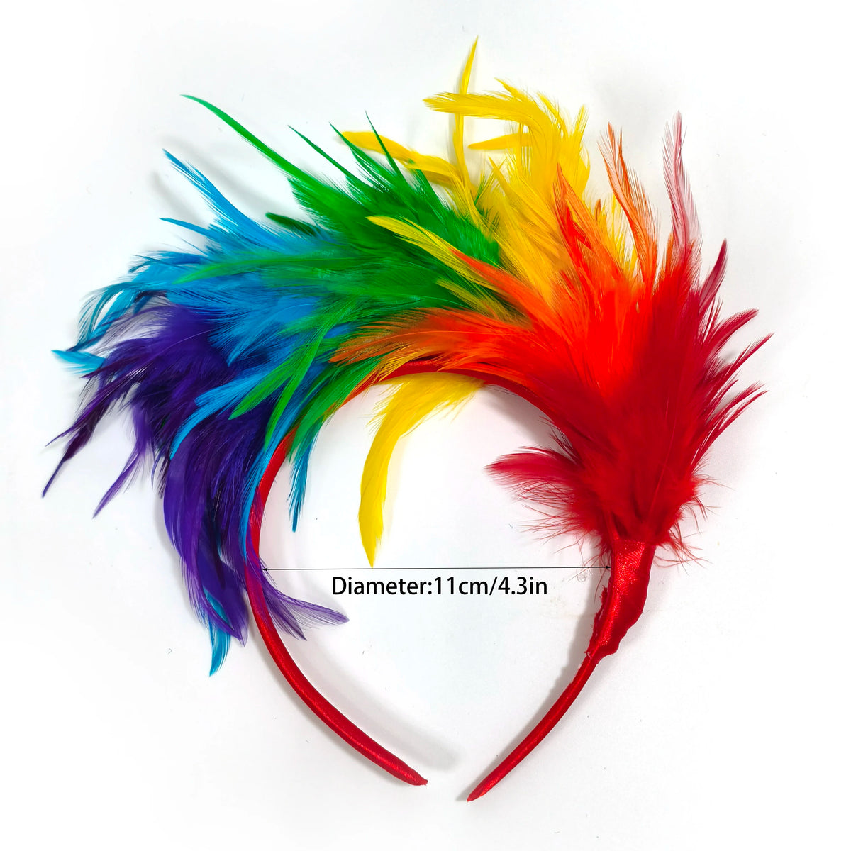 A vibrant rainbow feather headband featuring bright blue, green, yellow, and red plumes.