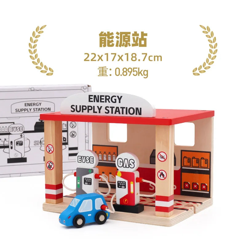 A wooden train track accessory set featuring an energy supply station and a gas station scene.