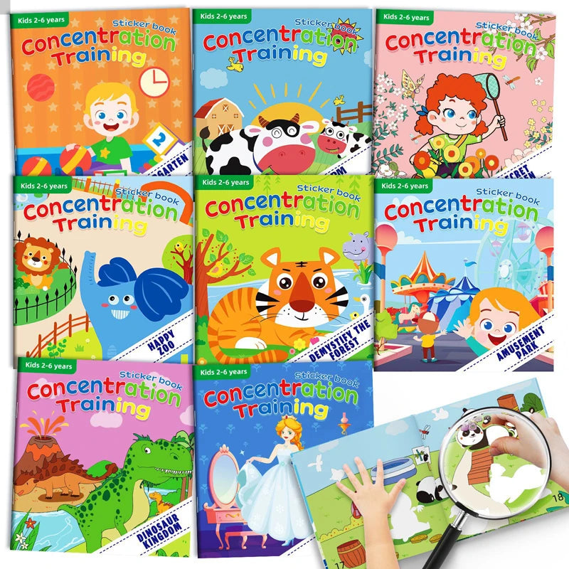A collection of reusable sticker books featuring animal scenes and concentration training activities for toddlers.