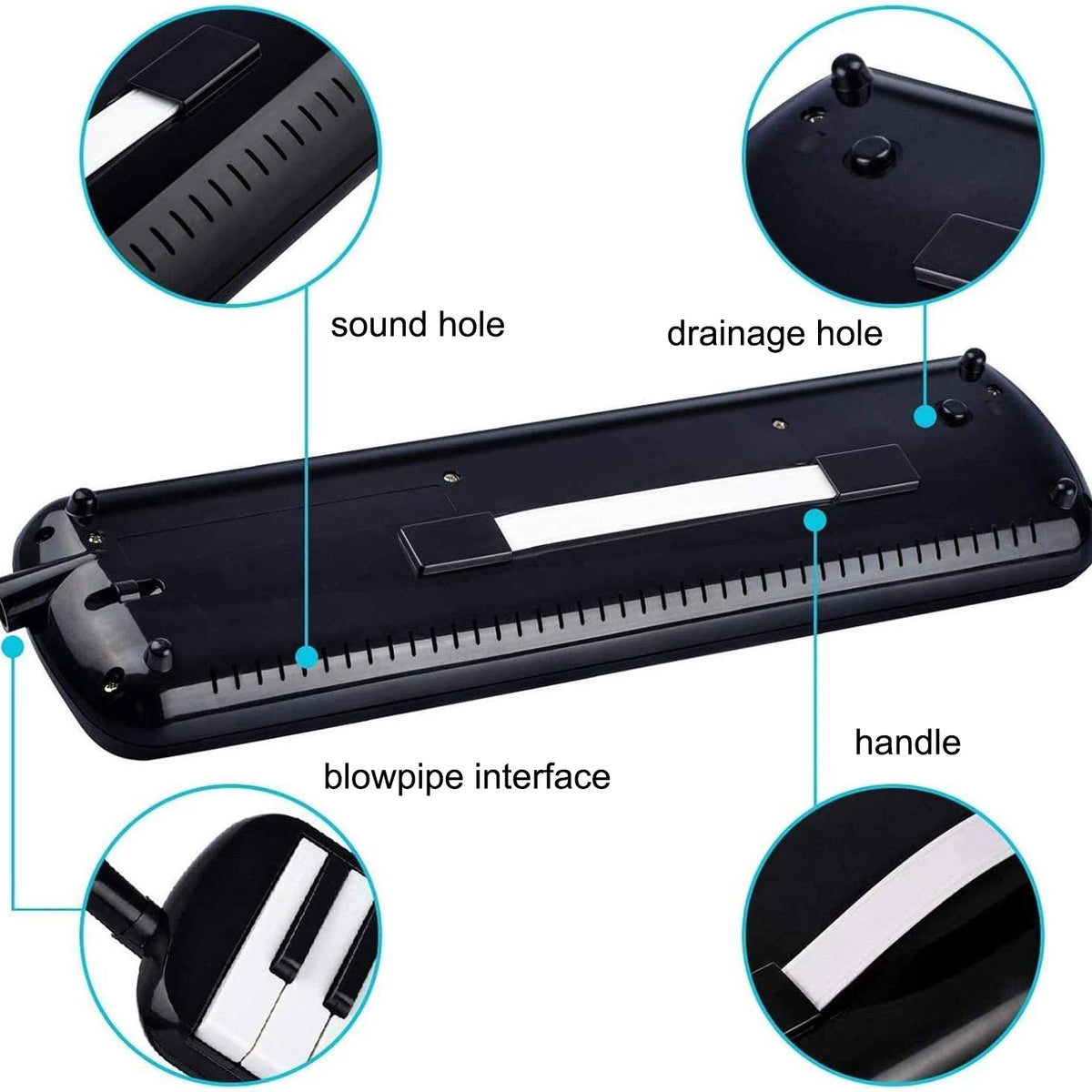 A black 32-key portable melodica shown with various features like a sound hole, drainage hole, and handle.