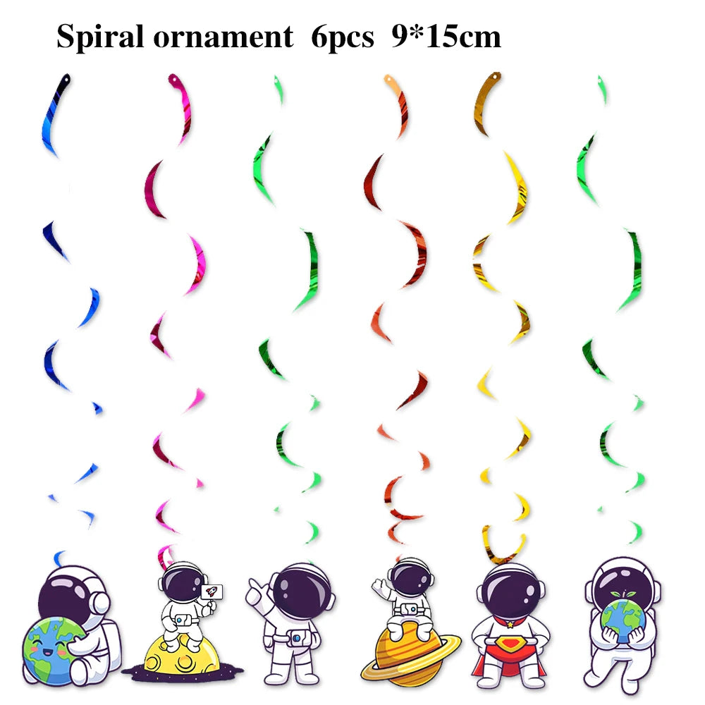 A set of six spiral ornaments and a collection of outer space astronaut party décor items including tableware and figures.