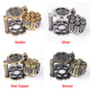 A set of revolver-shaped metal dice in various colors including Golden, Silver, Red Copper, and Bronze.