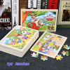 A set of 24 wooden animal jigsaw puzzles featuring colorful woodland creatures and scenes for toddlers.