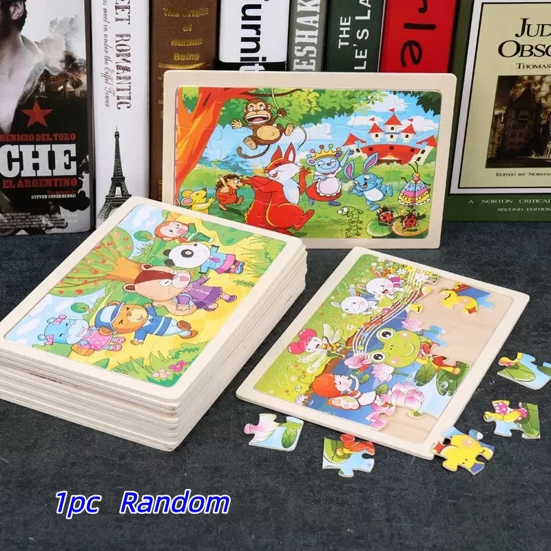 A set of 24 wooden animal jigsaw puzzles featuring colorful woodland creatures and scenes for toddlers.