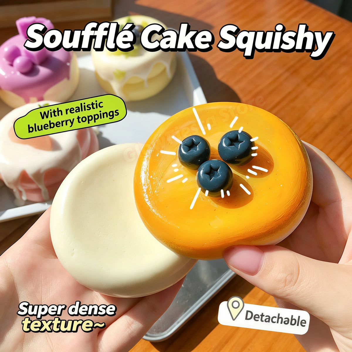 A hand holds an orange soufflé cake squishy toy with realistic blueberry toppings against a white plate.