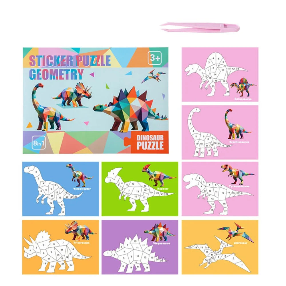 A collection of dinosaur and animal geometric stickers for a puzzle craft set.