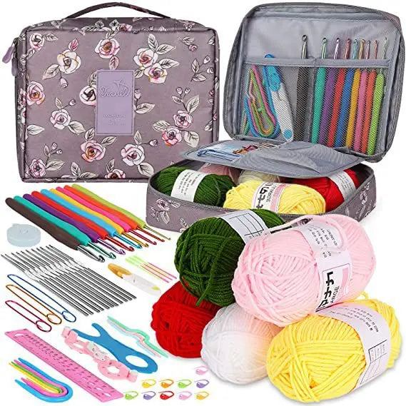 A collection of 59 crochet tools and needles in various colors, including a storage case.
