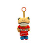 A cute plush frog doll wearing a red soccer jersey and holding a hook.