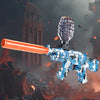 A close-up of an orange and blue electric gel blaster pistol firing in a smoky, intense outdoor environment.