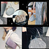 A collection of sparkling rhinestone purse straps and handbags shown in various contexts.